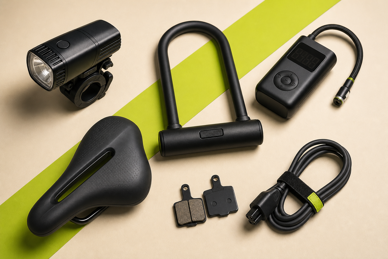 Mechanic-selected e-bike lights, lock, saddle, brake pads and charging accessories
