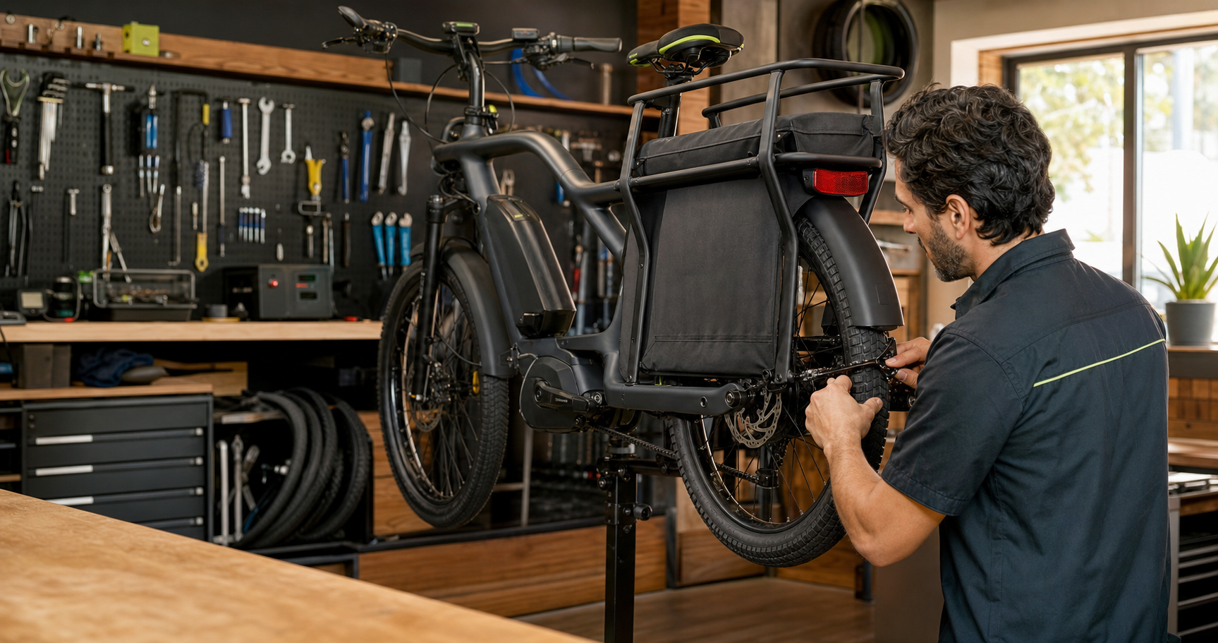 LlamaFix mechanic servicing a cargo e-bike in the workshop
